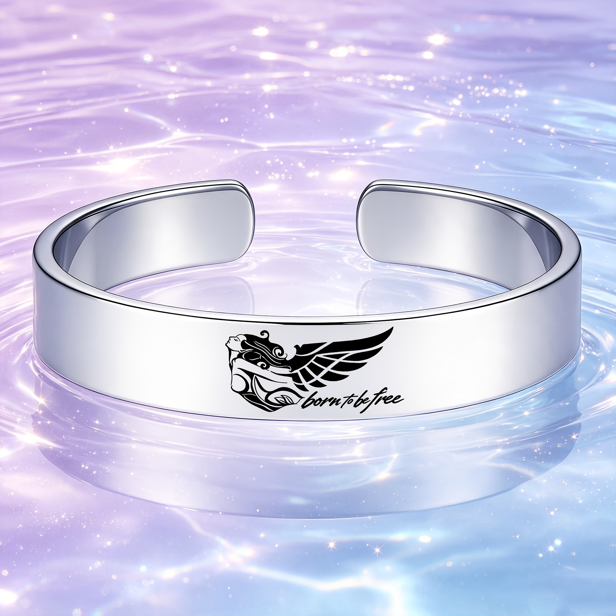 Born to Free Angel Wings Stainless Steel Open Bangle